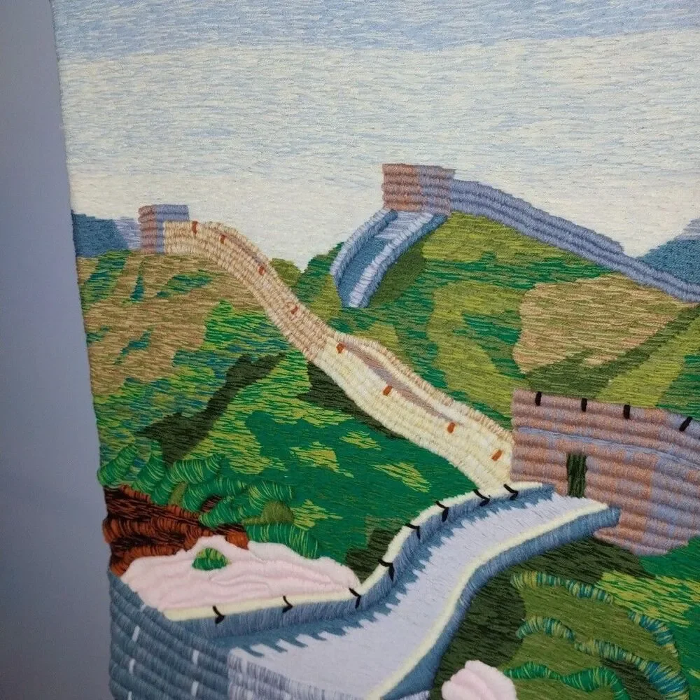 Vintage Chinese 3D Hand Embroidered Great Wall Tapestry Wall Hanging 24.5x31